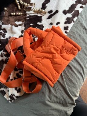 Thirty Years Quilted Puffer Crossbody Bag in Bright Orange